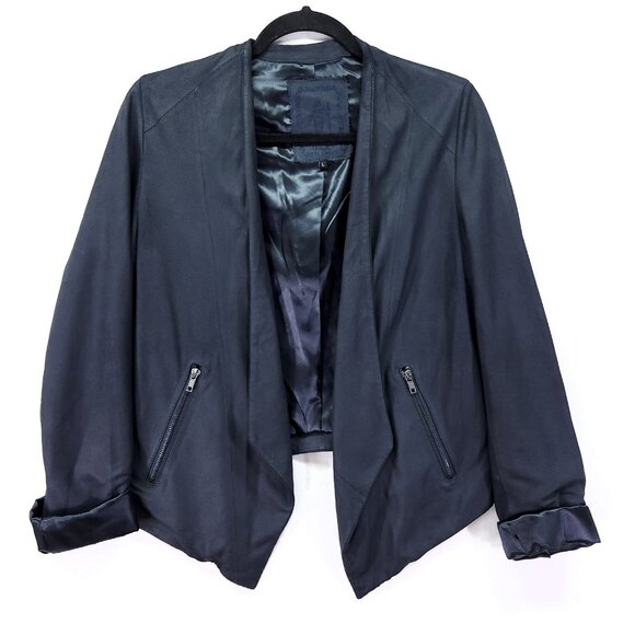 My Tribe Leather Jacket Navy Blue Waterfall Open Front Size Large Made in USA